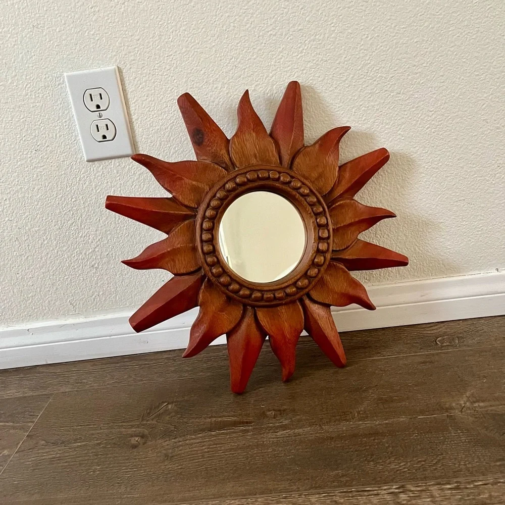 Sunburst Wooden Wall Mirror - Red and Brown